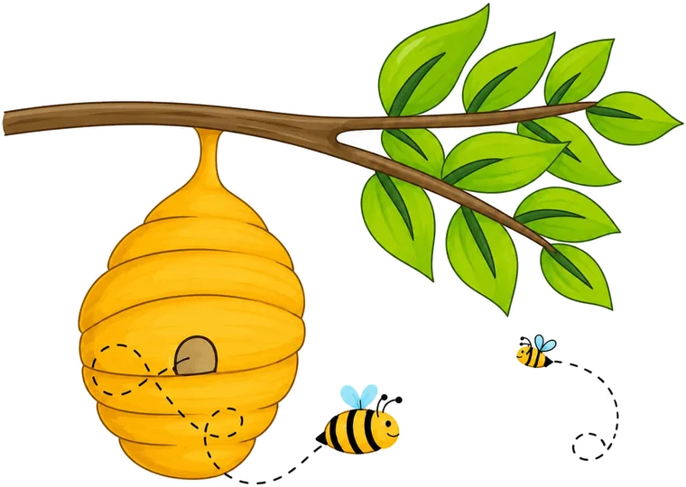 Gezeichneter Bienenstock an einem Ast, umflogen von zwei Bienen